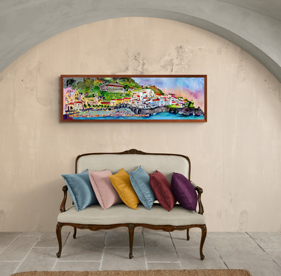 Amalfi Italy Panorama Watercolors and Ink  Painting 